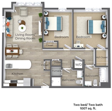 Floor plan for 2 beds, 2 baths, 979 sqft